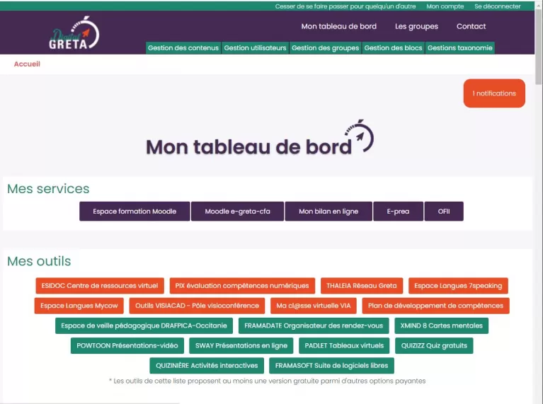 Digital GRETA : Mon tableau de bord